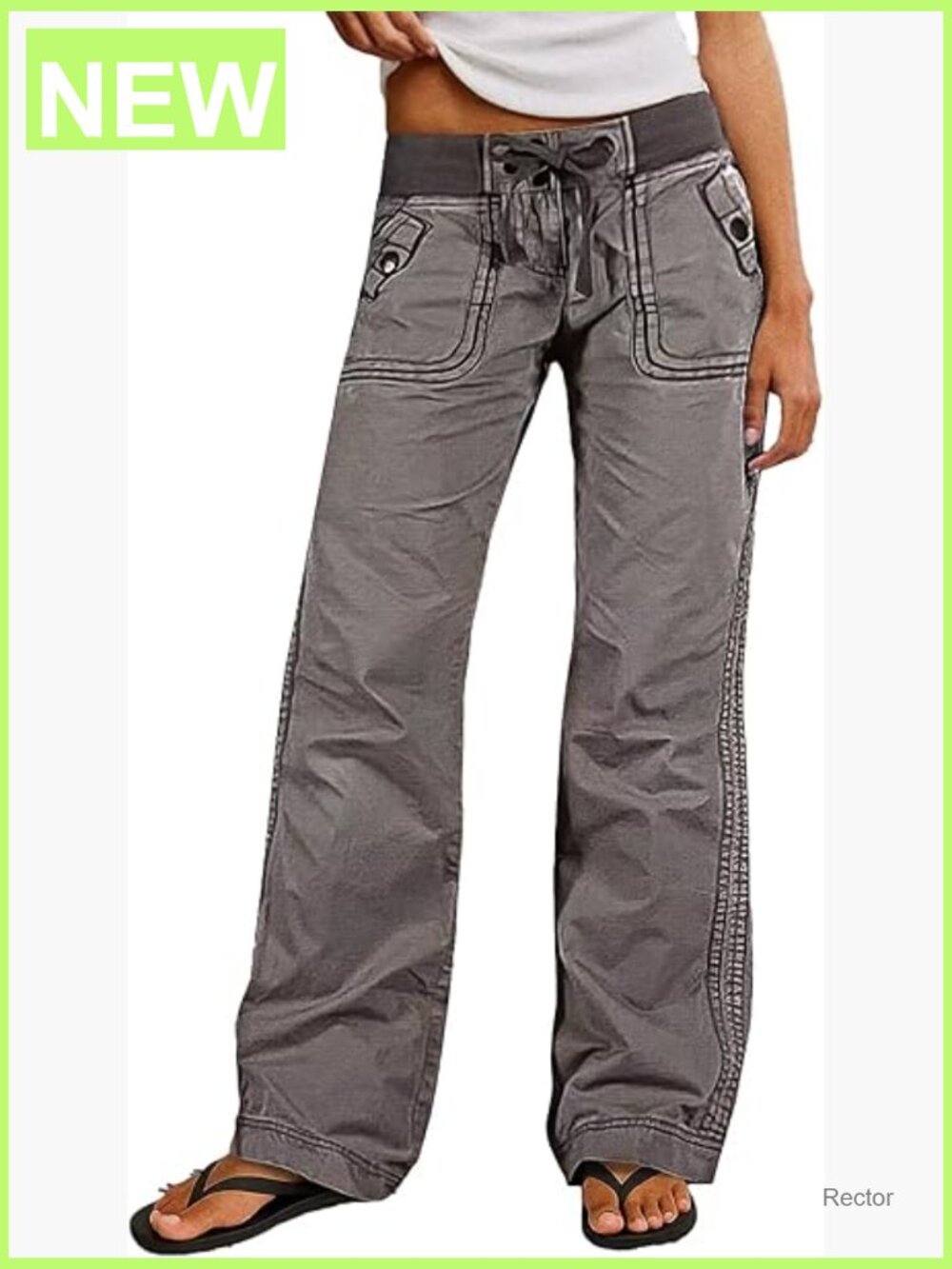 Straight Leg Cotton Pants Mid Rise Drawstring Waist Casual Seam Detail